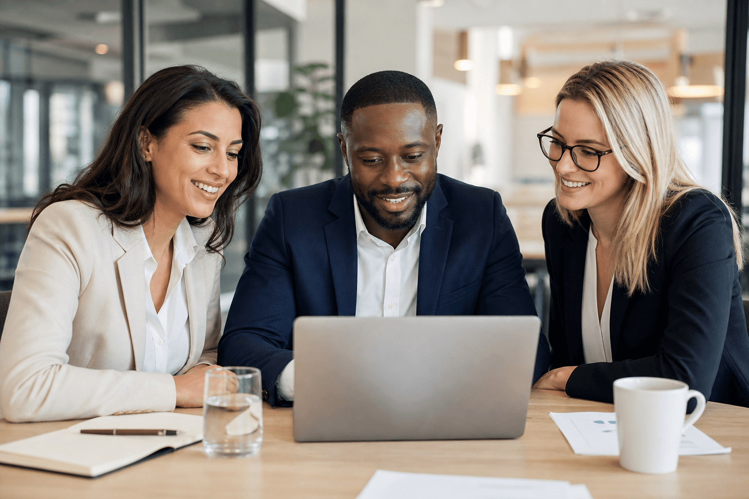 Diverse hiring team collaborating, a Black man seated between two colleagues at a table with a laptop